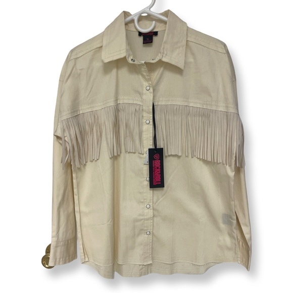 Rock & Roll Cowgirl Tops - Rock & Roll Denim Twill Shirt With Suede Fringe Women’s Small Cream